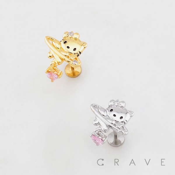 CUTTIE KITTY CAT FACE PLANET HEART DANGLE CZ THREADLESS (PUSH IN) 316L SURGICAL STEEL LABRET SET